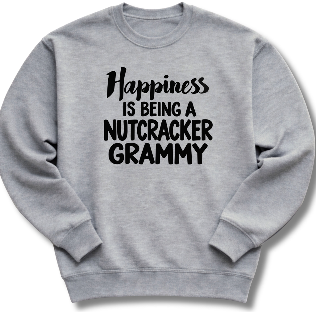A heather gray crewneck sweatshirt featuring a 'Happiness Is Being a Nutcracker Grammy' holiday design.