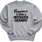 A heather gray crewneck sweatshirt featuring a 'Happiness Is Being a Nutcracker Grammy' holiday design.