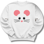 A white crewneck sweatshirt featuring a sweet mouse face with pink ears, button eyes, whiskers and a tiny heart-shaped nose.