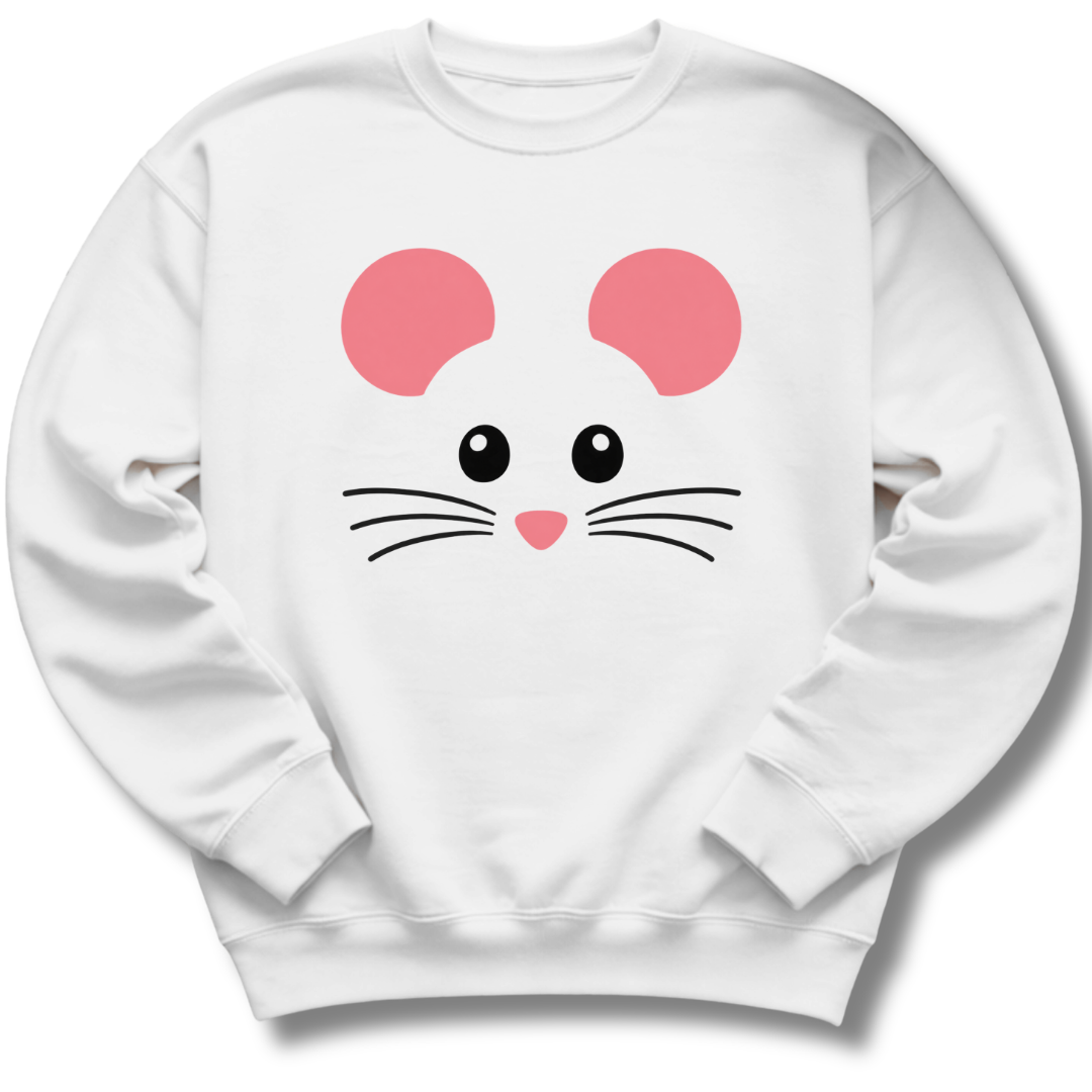 A white crewneck sweatshirt featuring a sweet mouse face with pink ears, button eyes, whiskers and a tiny heart-shaped nose.