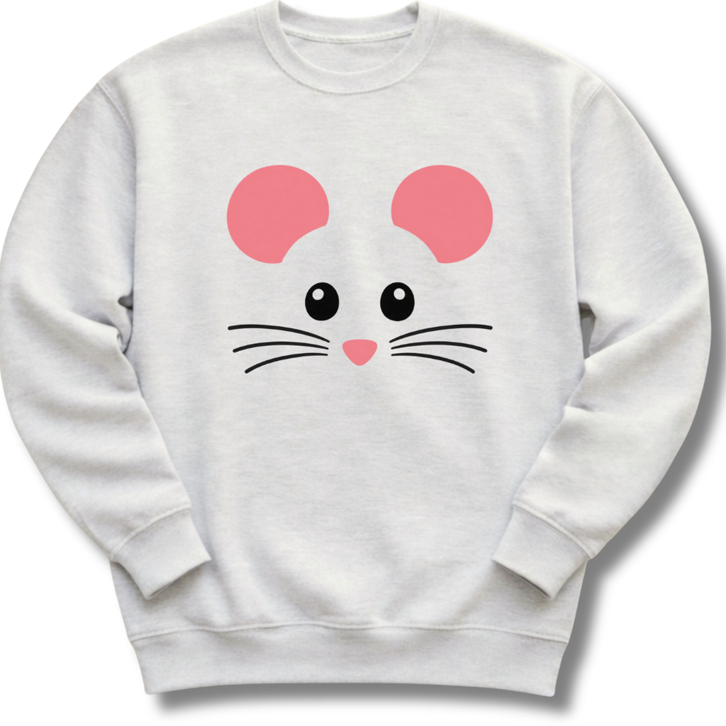 A light ash gray crewneck sweatshirt featuring a sweet mouse face with pink ears, button eyes, whiskers and a tiny heart-shaped nose.