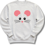 A light ash gray crewneck sweatshirt featuring a sweet mouse face with pink ears, button eyes, whiskers and a tiny heart-shaped nose.