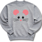 A heather gray crewneck sweatshirt featuring a sweet mouse face with pink ears, button eyes, whiskers and a tiny heart-shaped nose.