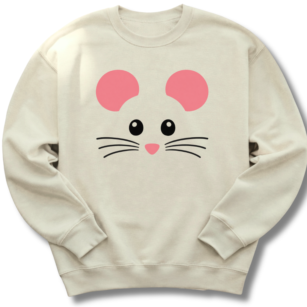 A sand-colored crewneck sweatshirt featuring a sweet mouse face with pink ears, button eyes, whiskers and a tiny heart-shaped nose.