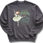A dark heather gray crewneck sweatshirt featuring a graceful fairy illustration with delicate wings and script lettering celebrating the grandma of the Dew Drop Fairy.