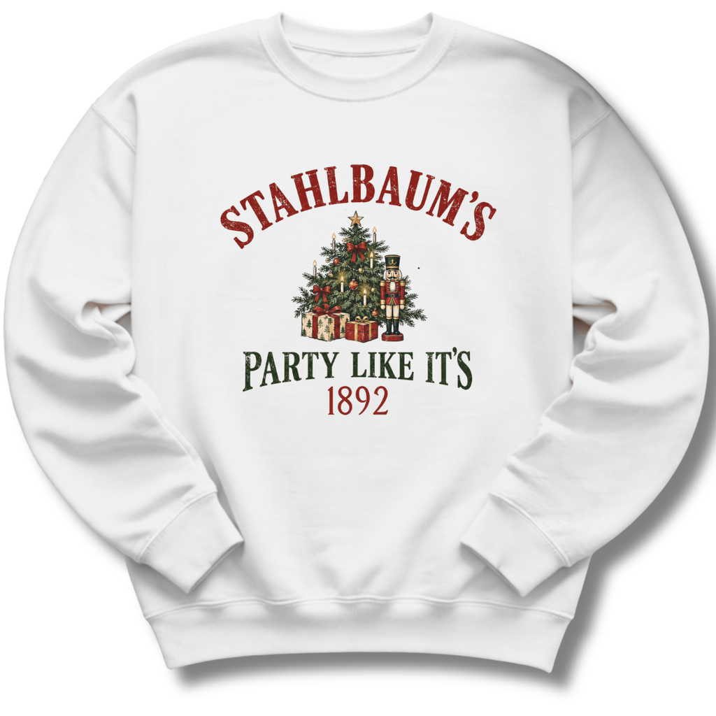 A white crewneck sweatshirt featuring a vintage-inspired Christmas tree with the message 'Stahlbaum's Party Like It's 1892'.