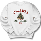 A white crewneck sweatshirt featuring a vintage-inspired Christmas tree with the message 'Stahlbaum's Party Like It's 1892'.