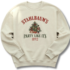 A sand-colored crewneck sweatshirt featuring a vintage-inspired Christmas tree with the message 'Stahlbaum's Party Like It's 1892'.