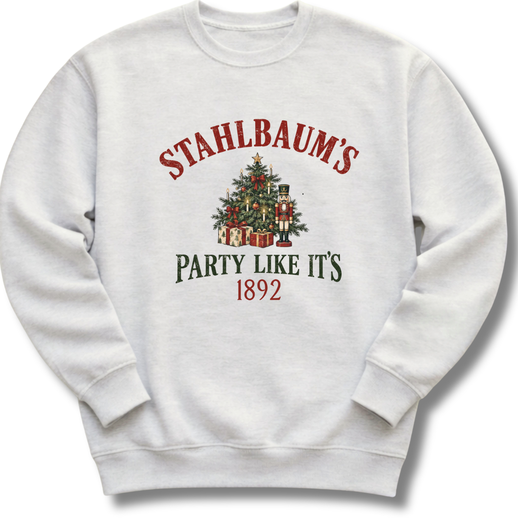 A light ash gray crewneck sweatshirt featuring a vintage-inspired Christmas tree with the message 'Stahlbaum's Party Like It's 1892'.