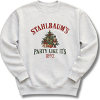 A light ash gray crewneck sweatshirt featuring a vintage-inspired Christmas tree with the message 'Stahlbaum's Party Like It's 1892'.
