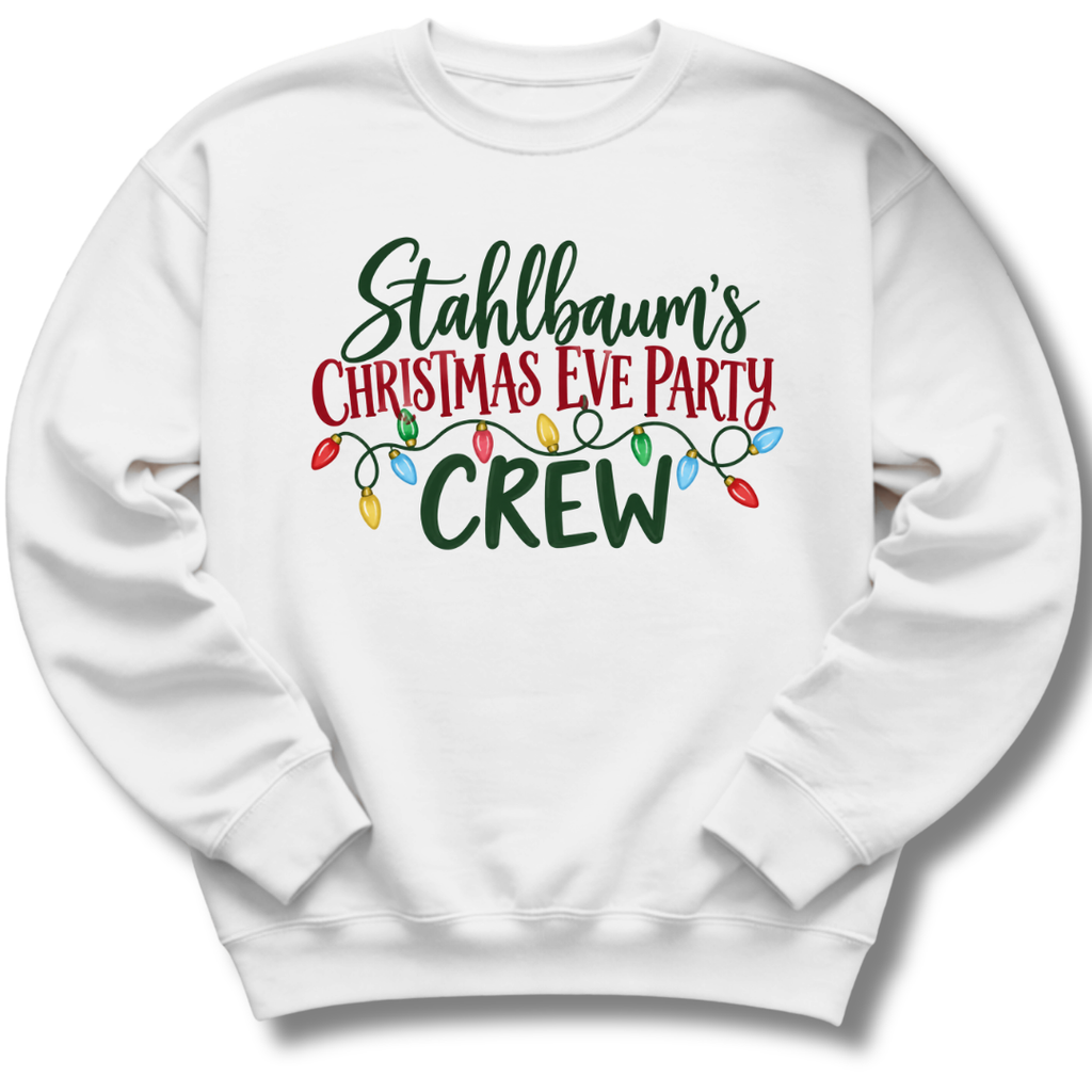 A white crewneck sweatshirt featuring festive 'Stahlbaum's Christmas Eve Party Crew' lettering accented with colorful holiday lights.