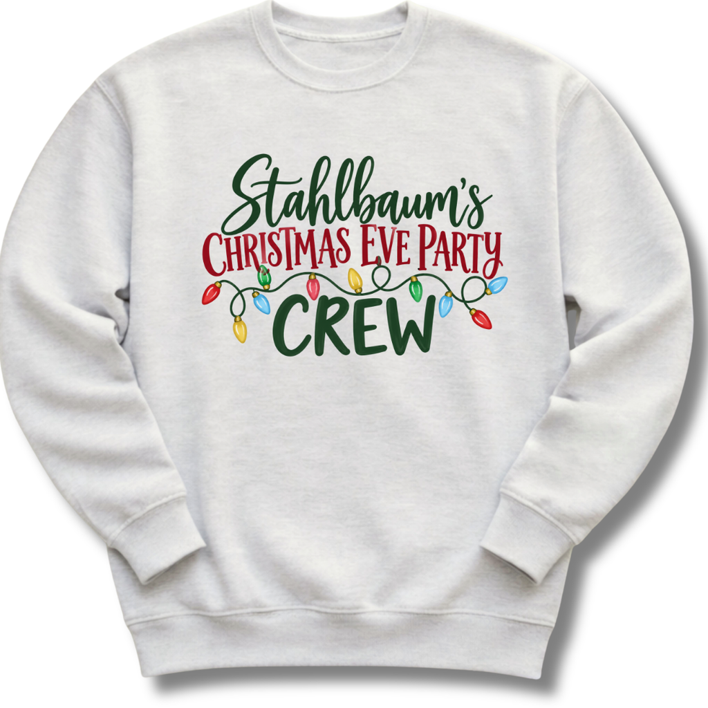 A light ash gray crewneck sweatshirt featuring festive 'Stahlbaum's Christmas Eve Party Crew' lettering accented with colorful holiday lights.