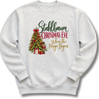A light ash gray crewneck sweatshirt featuring a decorated vintage-style Christmas tree with the words 'Stahlbaum Christmas Eve, Where the Magic Begins'.