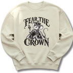 A sand-colored crewneck sweatshirt featuring a crowned, sword-bearing mouse in detailed black artwork beneath the words 'FEAR THE CROWN'.