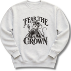 A light ash gray crewneck sweatshirt featuring a crowned, sword-bearing mouse in detailed black artwork beneath the words 'FEAR THE CROWN'.