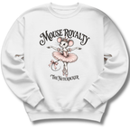 A white crewneck sweatshirt featuring a vintage-inspired 'Mouse Royalty' design with a ballerina mouse in a pink tutu.