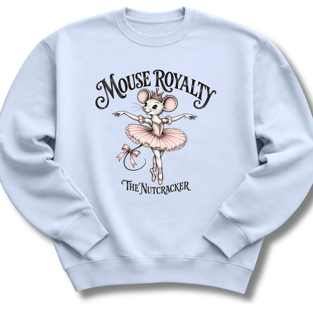 A light blue crewneck sweatshirt featuring a vintage-inspired 'Mouse Royalty' design with a ballerina mouse in a pink tutu.