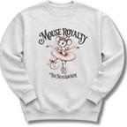 A light ash gray crewneck sweatshirt featuring a vintage-inspired 'Mouse Royalty' design with a ballerina mouse in a pink tutu.
