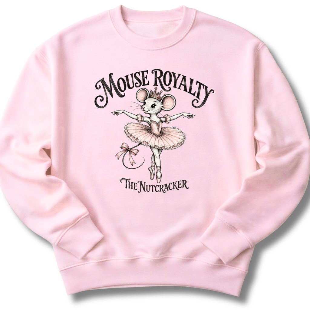 A light pink crewneck sweatshirt featuring a vintage-inspired 'Mouse Royalty' design with a ballerina mouse in a pink tutu.