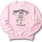 A light pink crewneck sweatshirt featuring a vintage-inspired 'Mouse Royalty' design with a ballerina mouse in a pink tutu.
