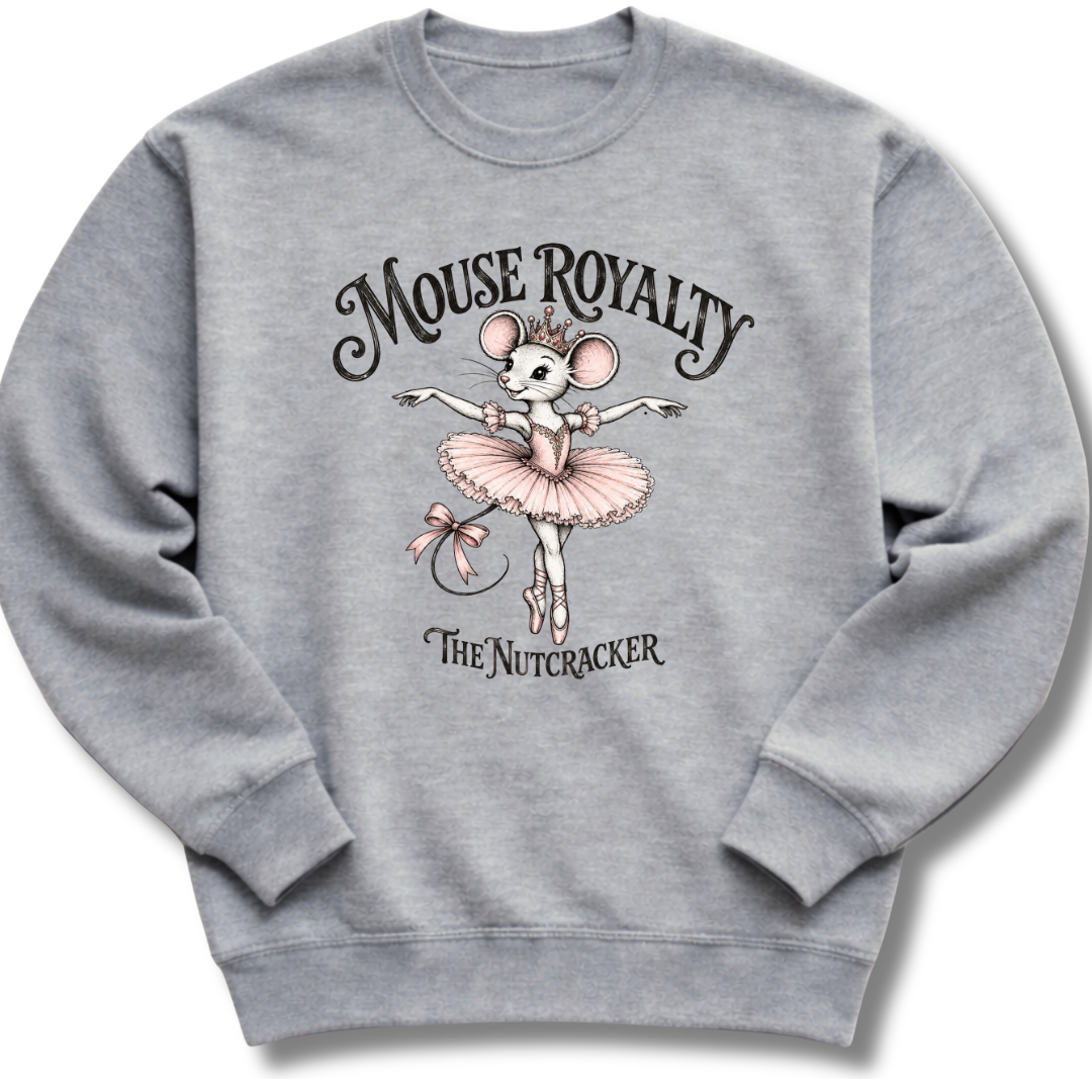 A heather gray crewneck sweatshirt featuring a vintage-inspired 'Mouse Royalty' design with a ballerina mouse in a pink tutu.