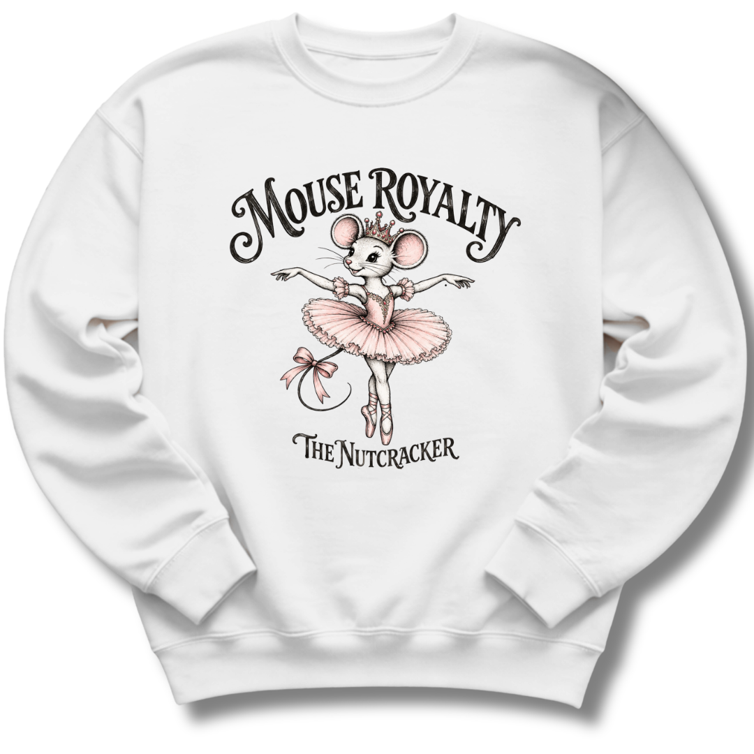 A white youth crewneck sweatshirt featuring a vintage-inspired 'Mouse Royalty' design with a ballerina mouse in a pink tutu.