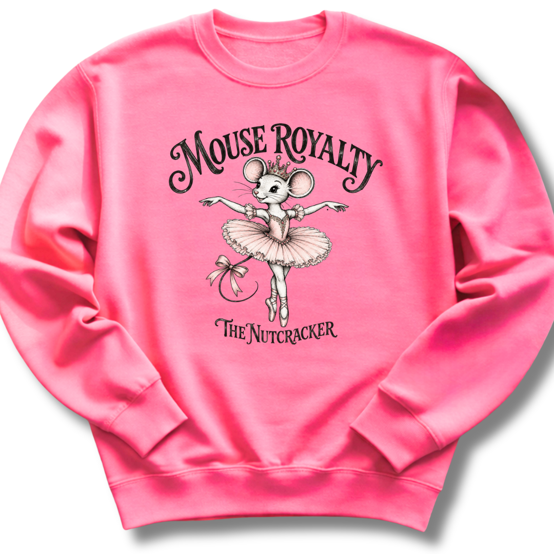 A bright pink youth crewneck sweatshirt featuring a vintage-inspired 'Mouse Royalty' design with a ballerina mouse in a pink tutu.
