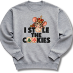 A heather gray crewneck sweatshirt featuring a crowned character with candy-cane details and festive 'I Stole the Cookies' lettering.