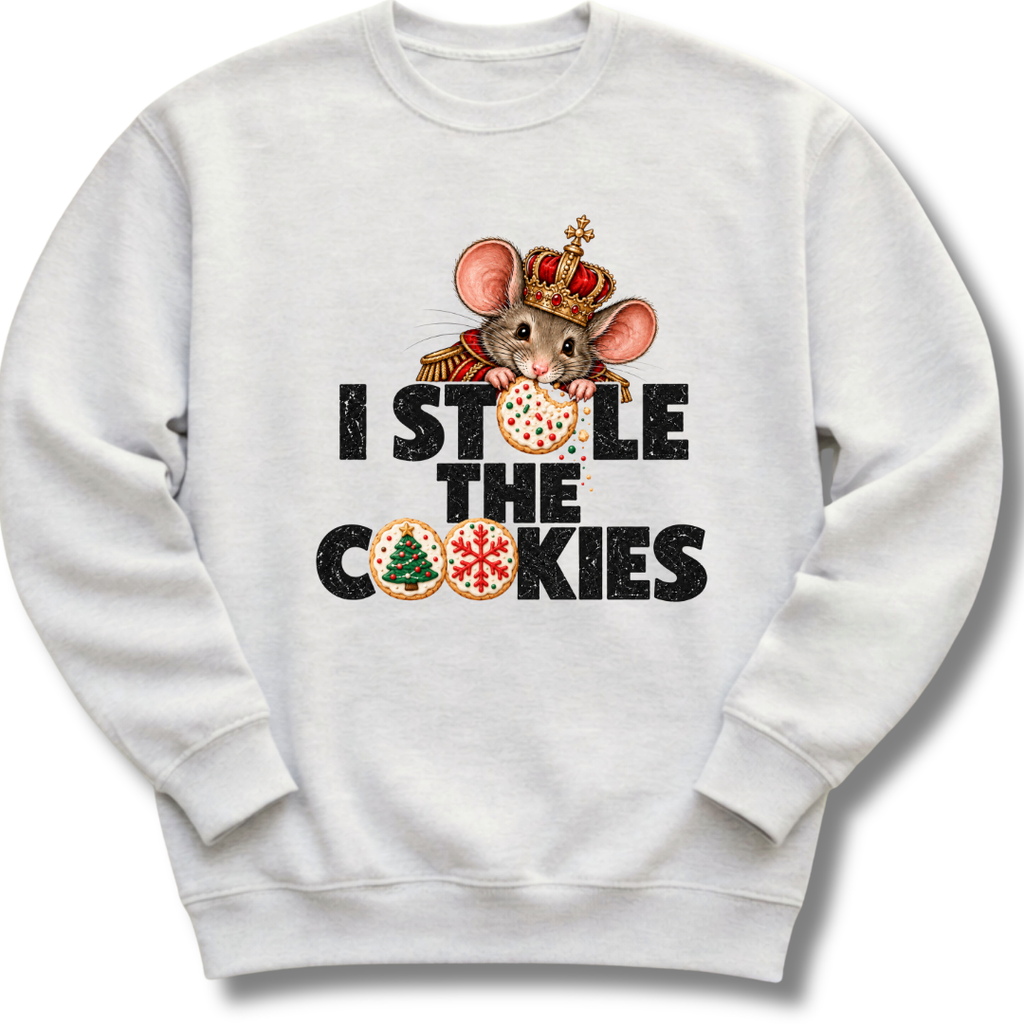 A light ash gray crewneck sweatshirt featuring a crowned character with candy-cane details and festive 'I Stole the Cookies' lettering.