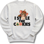 A light ash gray crewneck sweatshirt featuring a crowned character with candy-cane details and festive 'I Stole the Cookies' lettering.