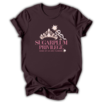 A dark chocolate short-sleeve t-shirt printed with the “Sugarplum Privilege” graphic design.