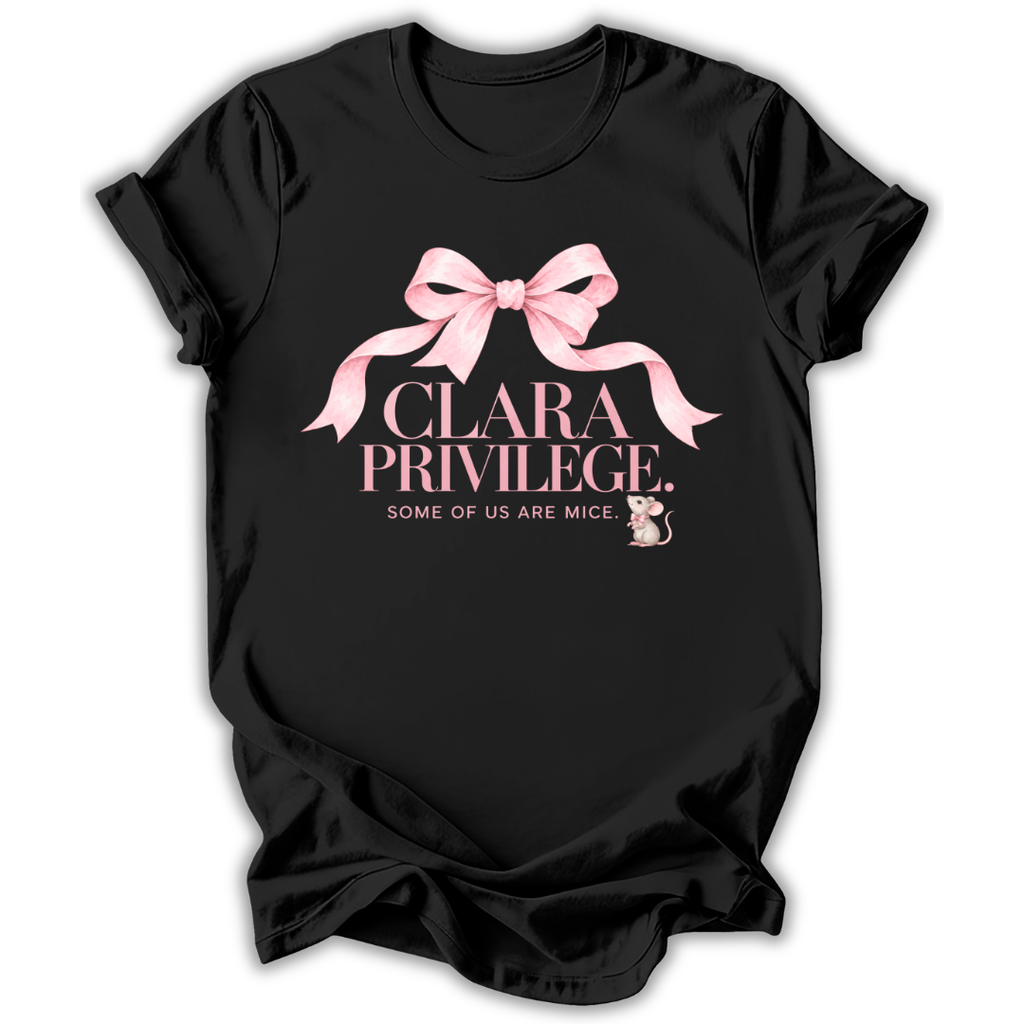 A black short-sleeve t-shirt printed with the “Clara Privilege” graphic design.