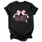 A black short-sleeve t-shirt printed with the “Clara Privilege” graphic design.