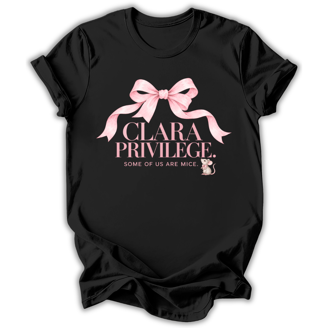 A black short-sleeve t-shirt printed with the “Clara Privilege” graphic design.