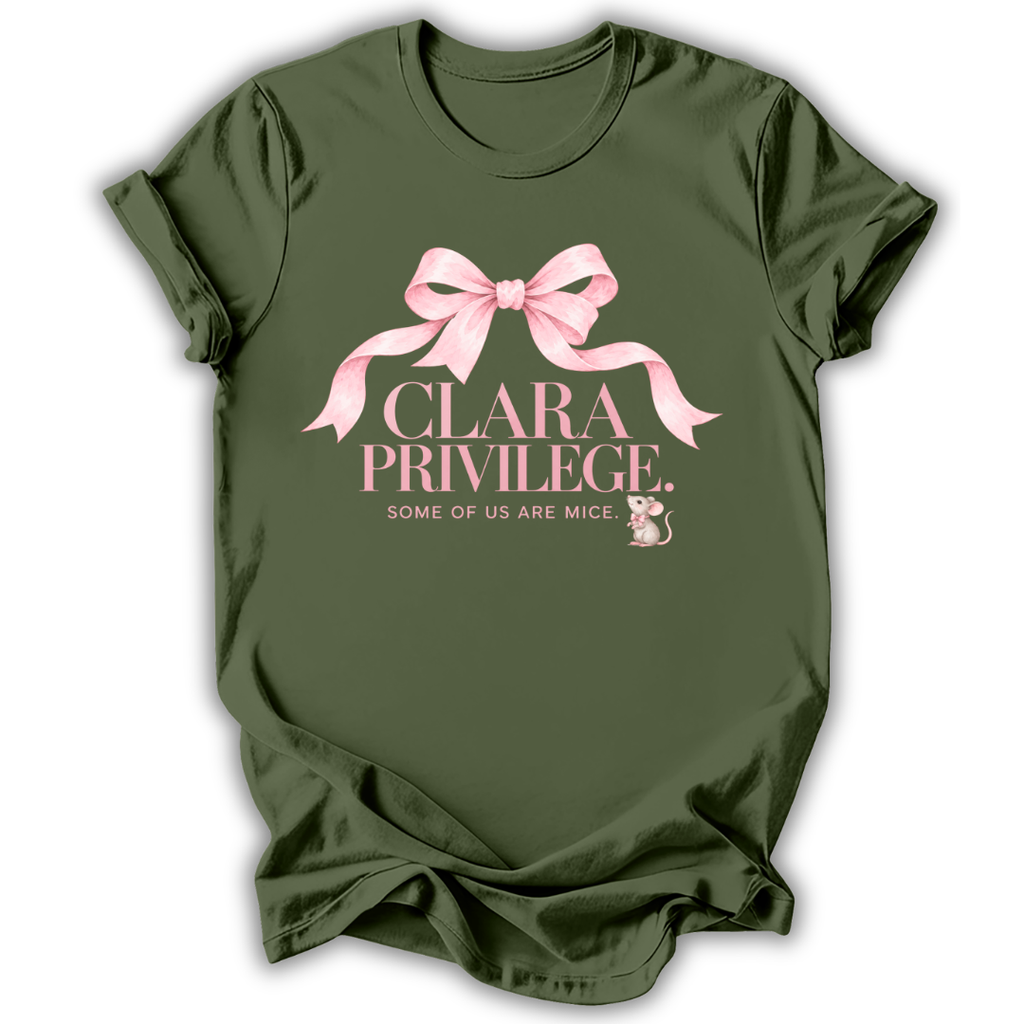 A military green short-sleeve t-shirt printed with the “Clara Privilege” graphic design.