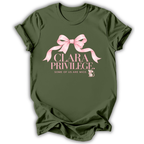 A military green short-sleeve t-shirt printed with the “Clara Privilege” graphic design.