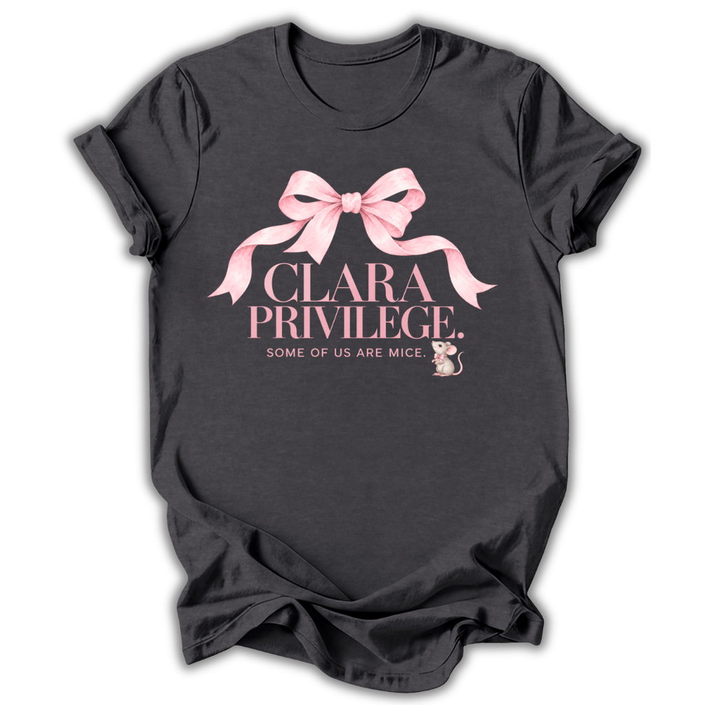 A dark heather gray short-sleeve t-shirt printed with the “Clara Privilege” graphic design.