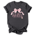 A dark heather gray short-sleeve t-shirt printed with the “Clara Privilege” graphic design.