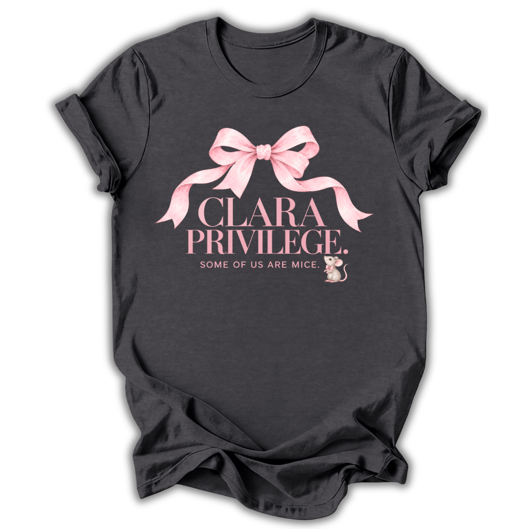 A dark heather gray short-sleeve t-shirt printed with the “Clara Privilege” graphic design.