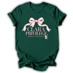 A forest green short-sleeve t-shirt printed with the “Clara Privilege” graphic design.