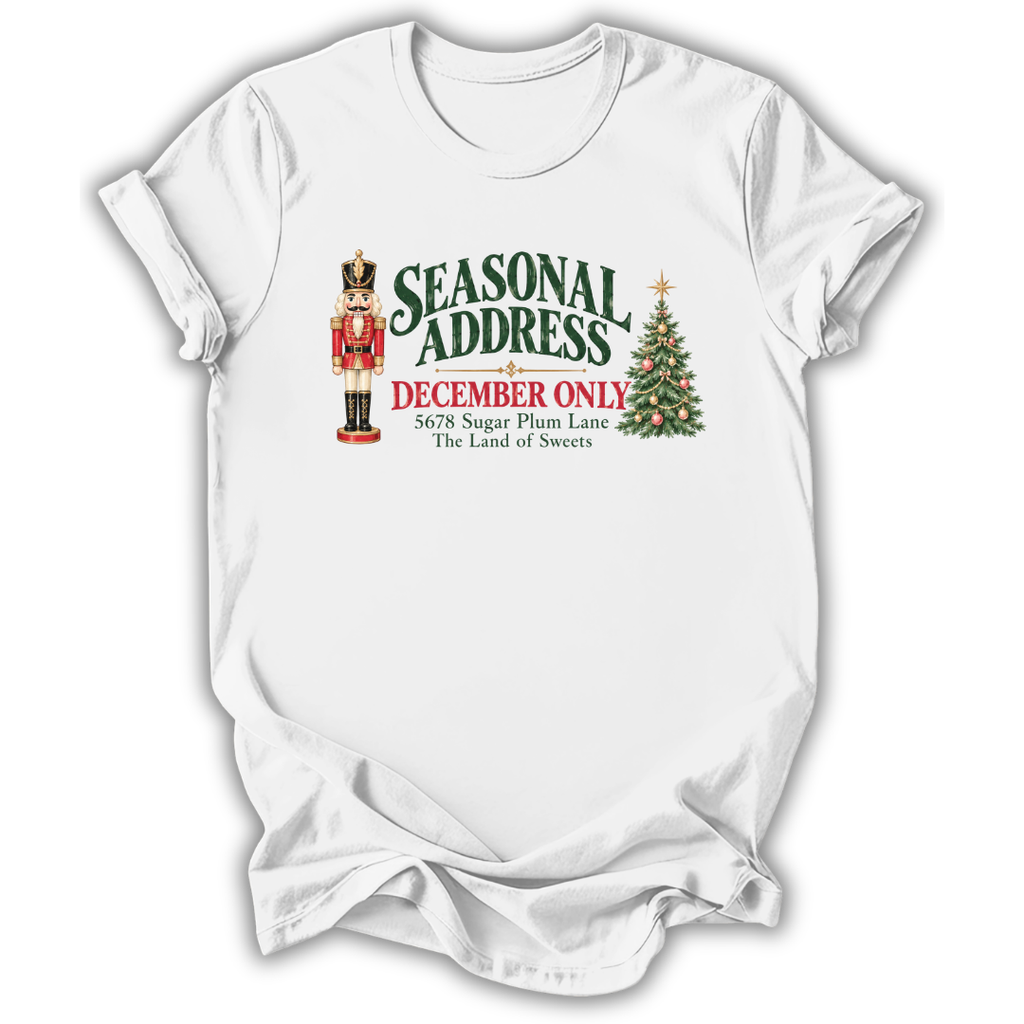 A white short-sleeve t-shirt printed with the “Seasonal Address” graphic design.