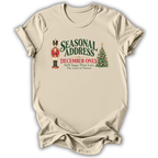 A natural cream short-sleeve t-shirt printed with the “Seasonal Address” graphic design.