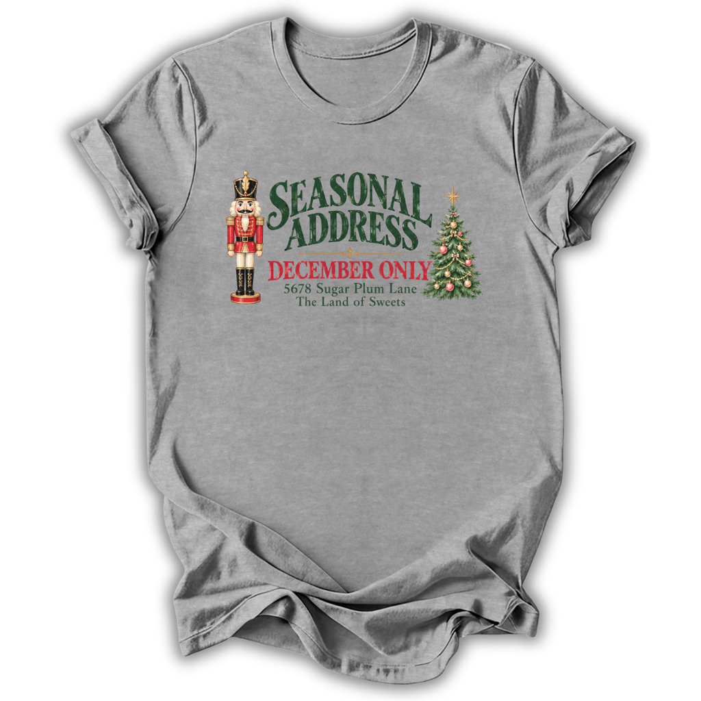 A heather gray short-sleeve t-shirt printed with the “Seasonal Address” graphic design.
