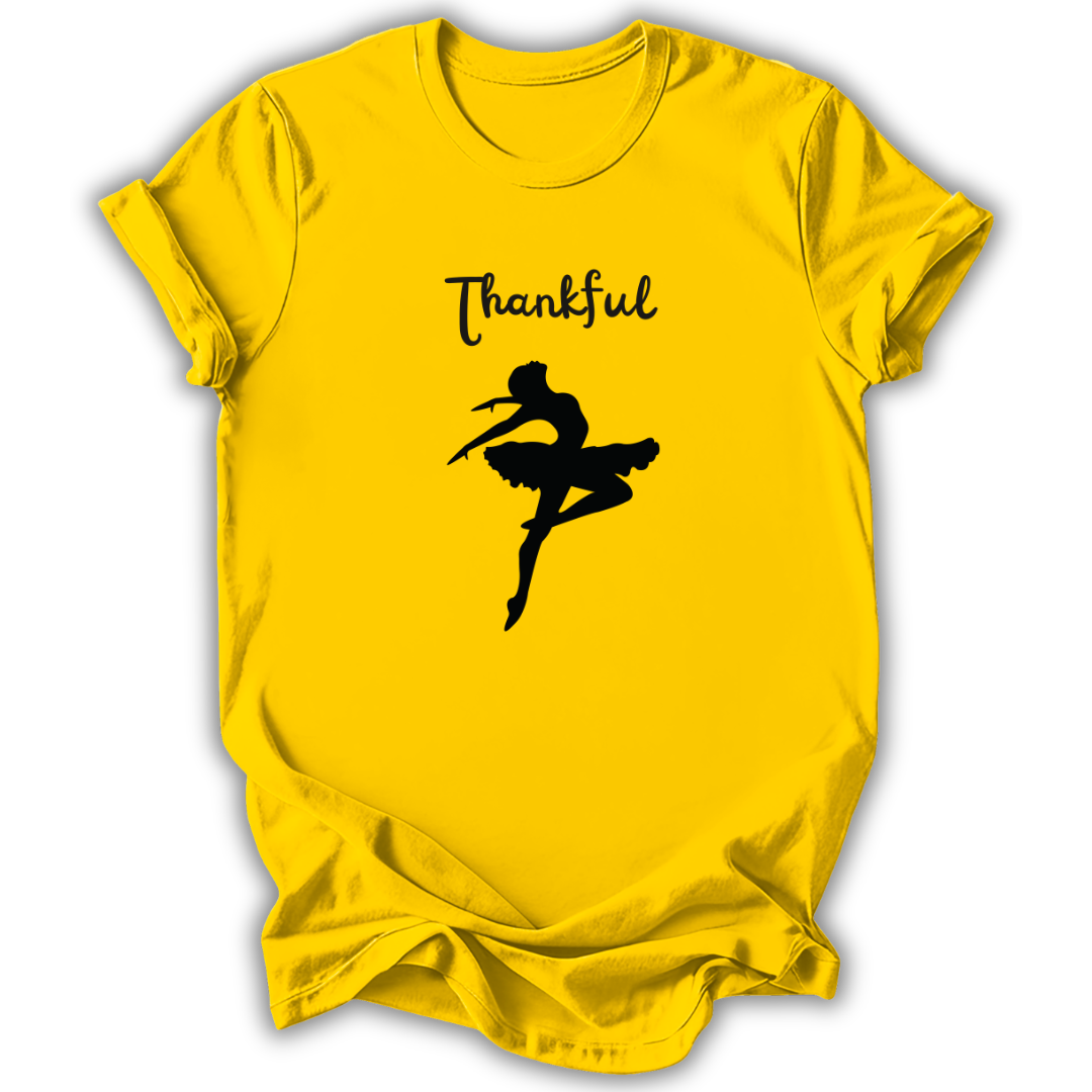 Yellow kids' t-shirt with the Thankful Ballerina design