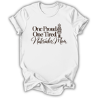 A white short-sleeve t-shirt printed with the “Proud & Tired Nutcracker Mom” graphic design.