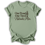 A sage green short-sleeve t-shirt printed with the “Proud & Tired Nutcracker Mom” graphic design.