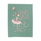 A rectangular fabric item, likely a tea towel or blanket, featuring a pastel illustration of a ballerina in a pink tutu holding a rose, with the text 'Waltz of the Flowers' and 'The Butterfly' on a sage green background.