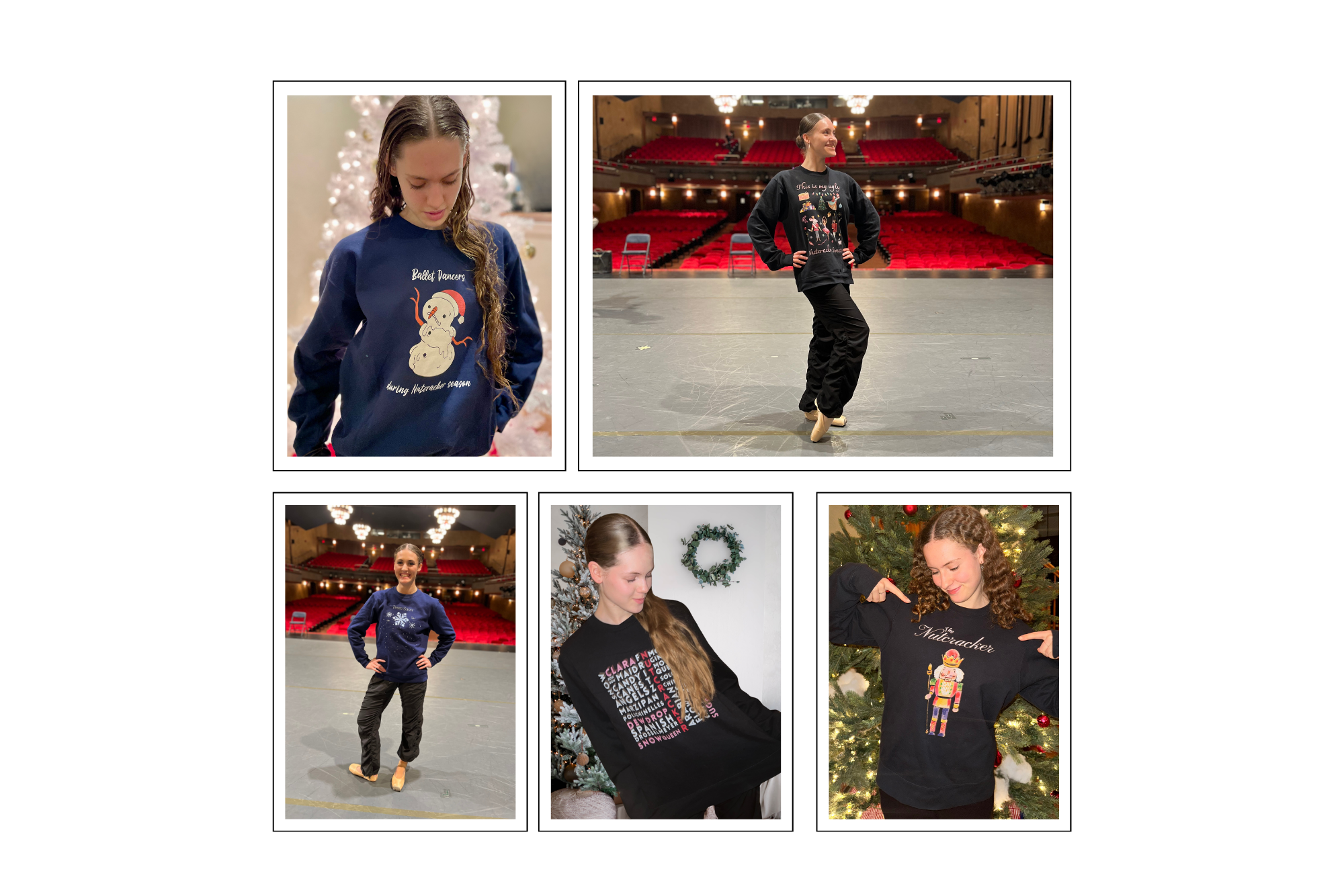 Collage of a person wearing Christmas-themed sweatshirts in various settings.