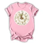 Pink t-shirt with a tie-dye design featuring a person on a white background