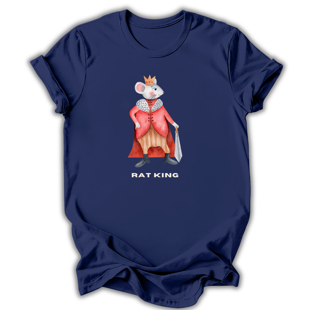 A navy blue short-sleeve t-shirt with a graphic of a cartoon rat dressed as a king in a red robe and gold crown, holding a silver scepter, with the text 'RAT KING' printed below.